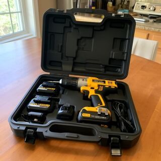 Open carry case with drill, batteries and charger